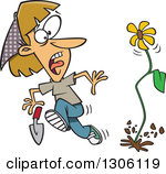 obrázek - 1306119_Clipart_Of_A_Cartoon_Flower_Springing_Up_And_Scaring_A_Dirty_Blond_White_Woman_In_A_Garden_Royalty_Free_Vector_Illustration.jpg